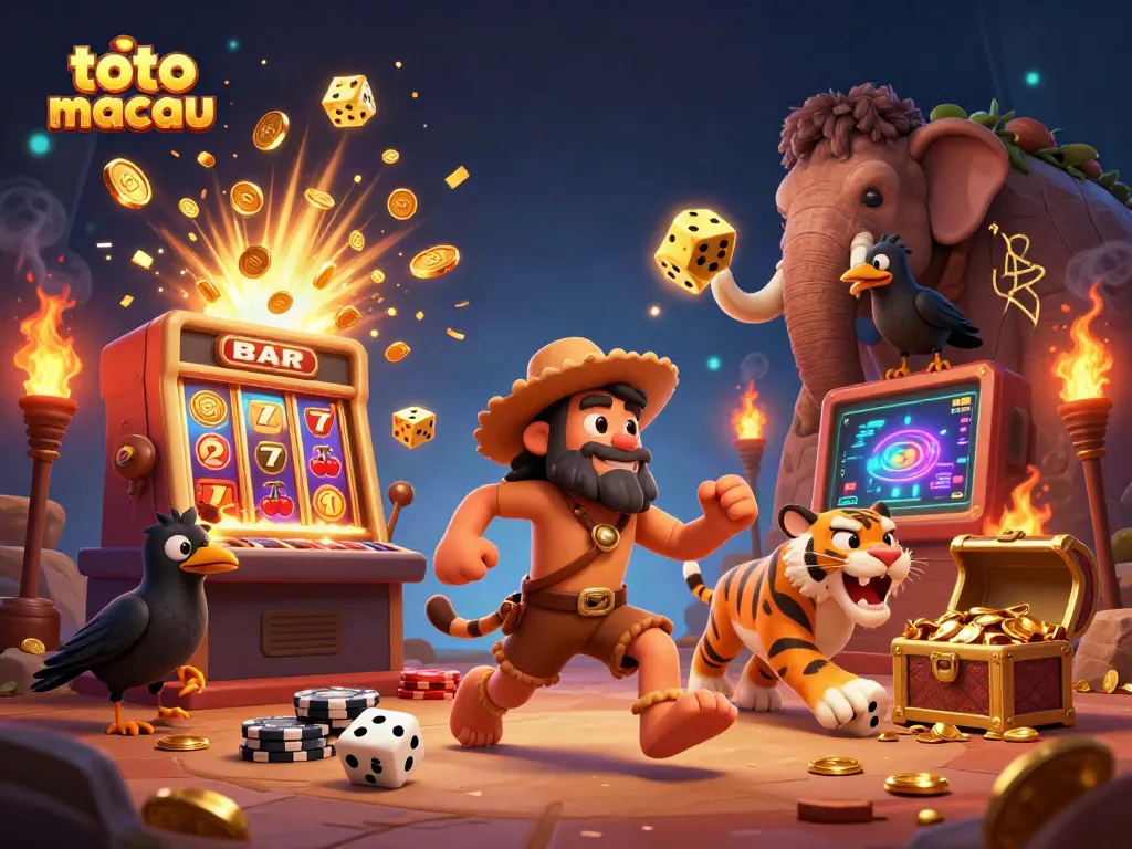 Menampilkan Toto Macau dengan angka akurat di kasino prasejarah dengan dadu tulang dan poker chip.