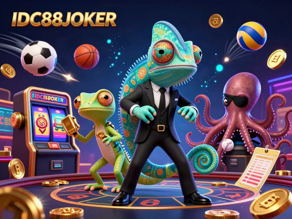 Engaging 3D visualization of IDC88JOKER with characters and dynamic casino elements, illustrating vibrant gaming action.