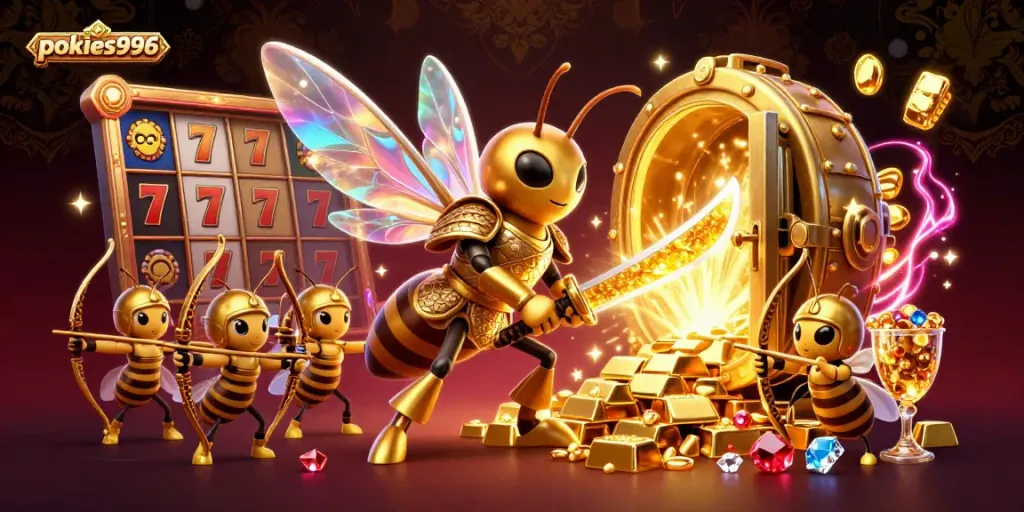 Experience the thrill of pokies996 with golden hornet warriors and dazzling jewels in an action-packed casino scene.