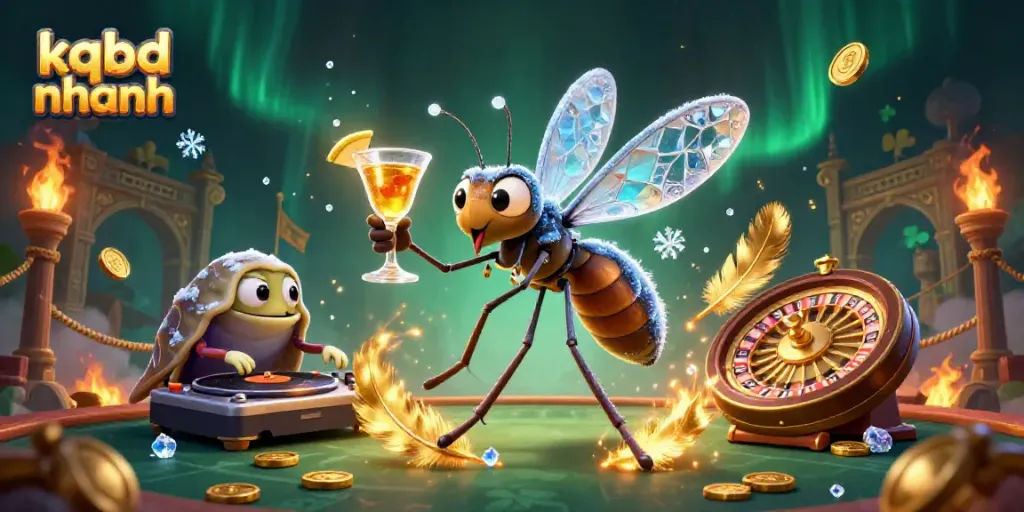 Experience kqbd nhanh with lively characters, golden roulette wheel, and dynamic casino elements in this vibrant illustration.
