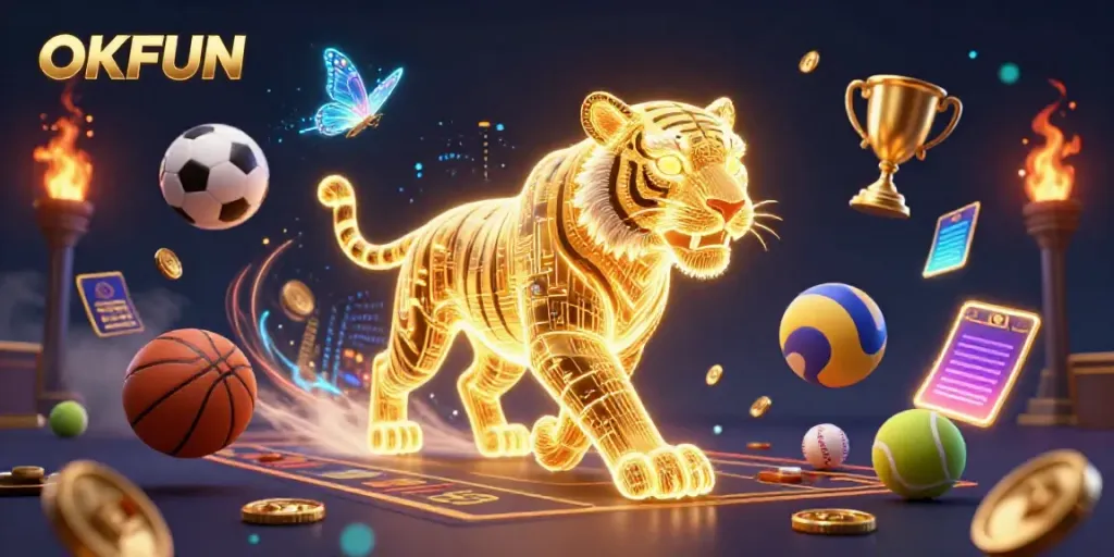 Engage with OKFUN in a vibrant gambling scene filled with energy, neon elements and sports action.