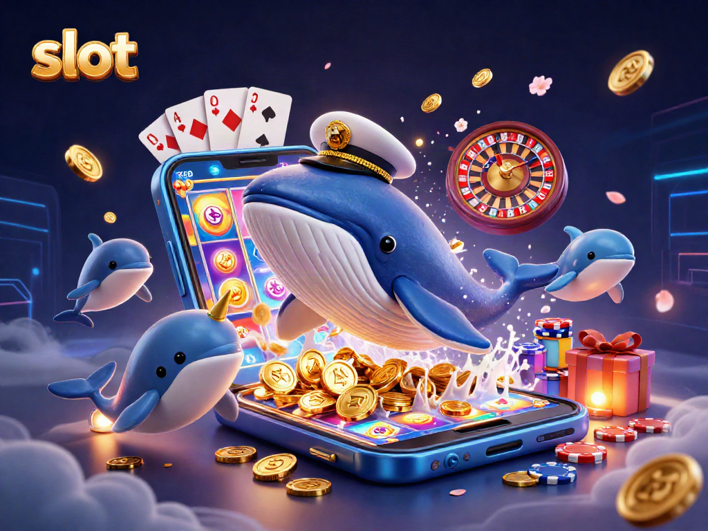 Enjoy thrilling slot action with a whale and narwhal in a winning coin celebration.