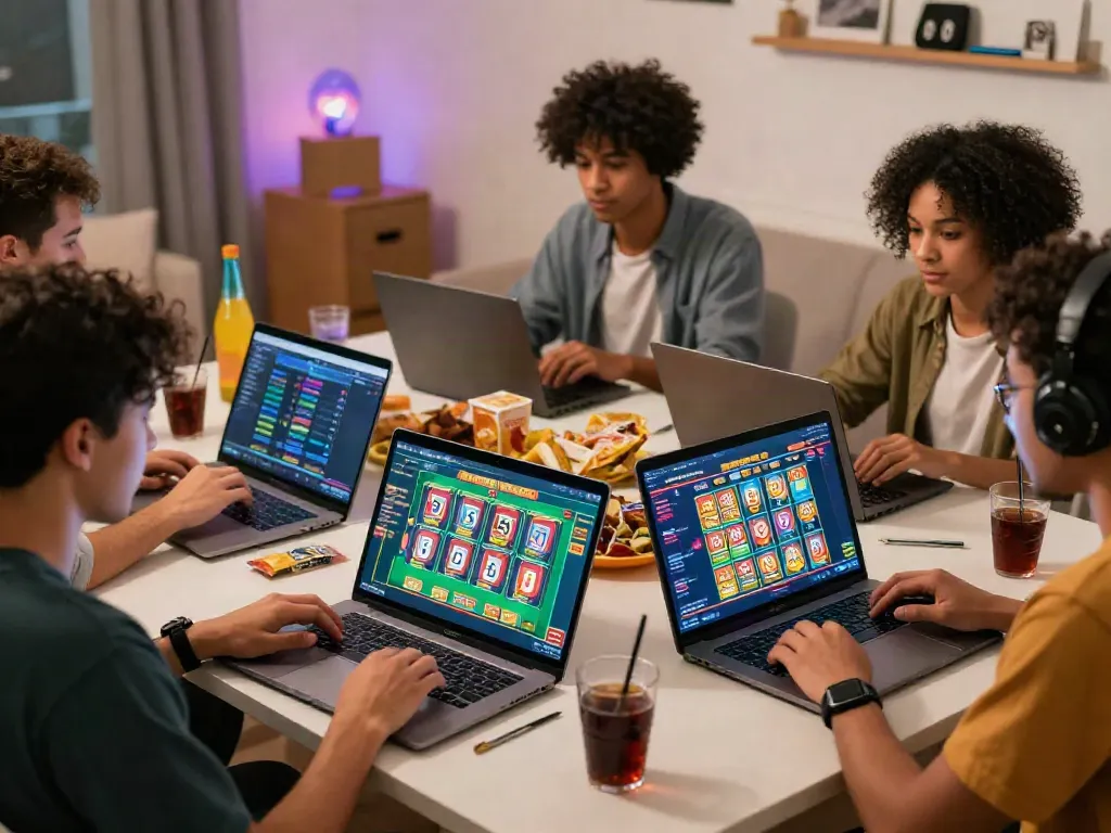 Friends enjoying online lottery games with AHHA4D platform on laptops and smartphones.
