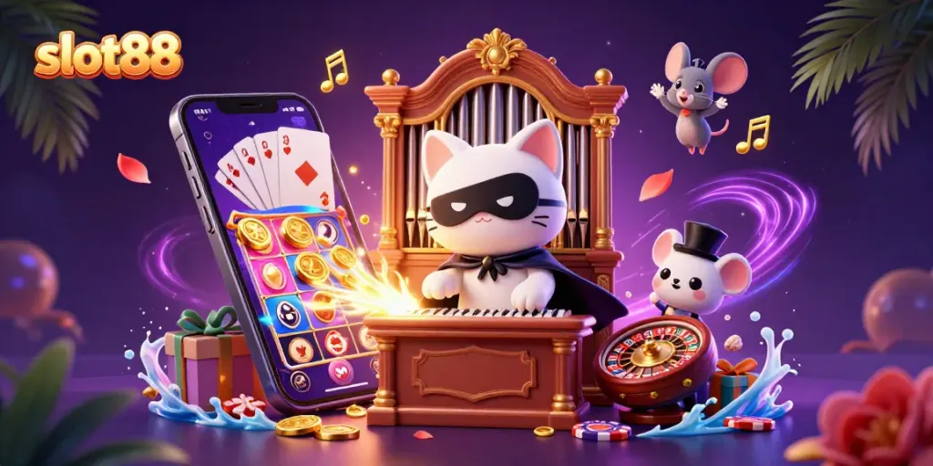 Experience the thrill of slot88 with a vibrant casino scene featuring a magical cat and acrobat.