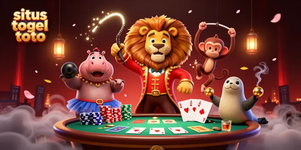 Menggambarkan situs togel toto dengan singa pengatur sirkus 3D, hiu balon, monyet trapeze, dan anjing laut.