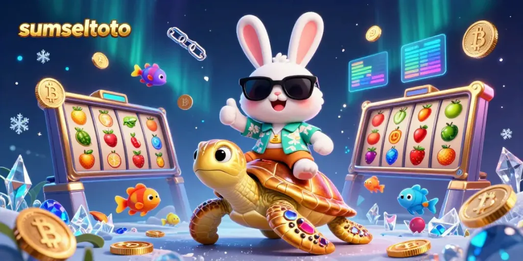 Engage with sumseltoto in this vibrant, cartoon-style casino scene featuring a lucky rabbit and a golden turtle.