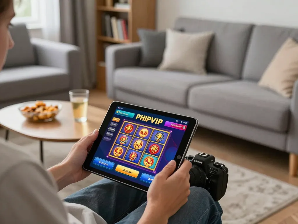 Player engaging with PHPVIP online casino on a tablet in a cozy home environment.