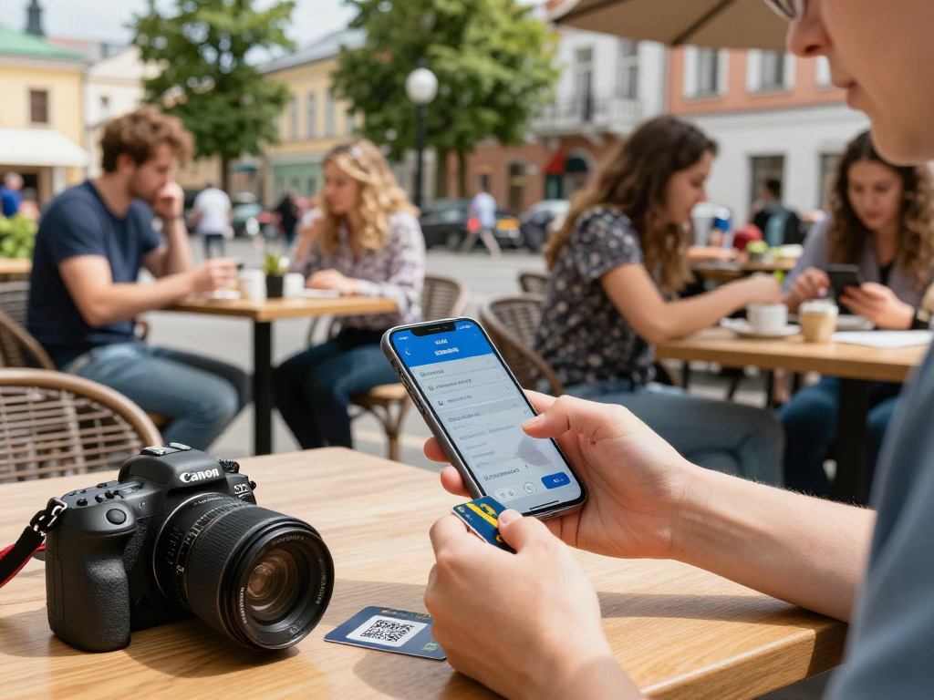 Pengunjung menggunakan https://payinrussia.com/ untuk melakukan pembayaran digital dengan mudah di kafe luar ruangan di Rusia.