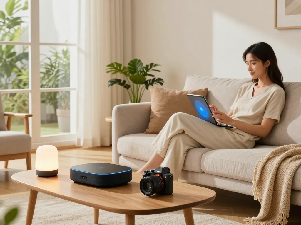 Relaxing living room with tech gadgets for home, Bluetooth speaker, smart lighting, and a woman using a tablet