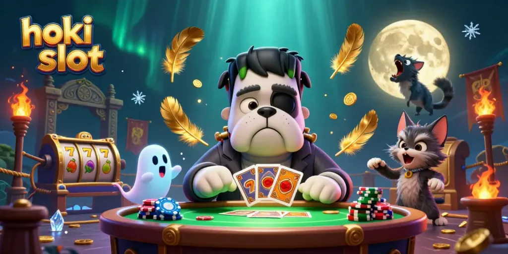 Hoki slot, karakter kartun Frankenstein bulldog dan kucing werewolf bermain kartu di meja kasino.