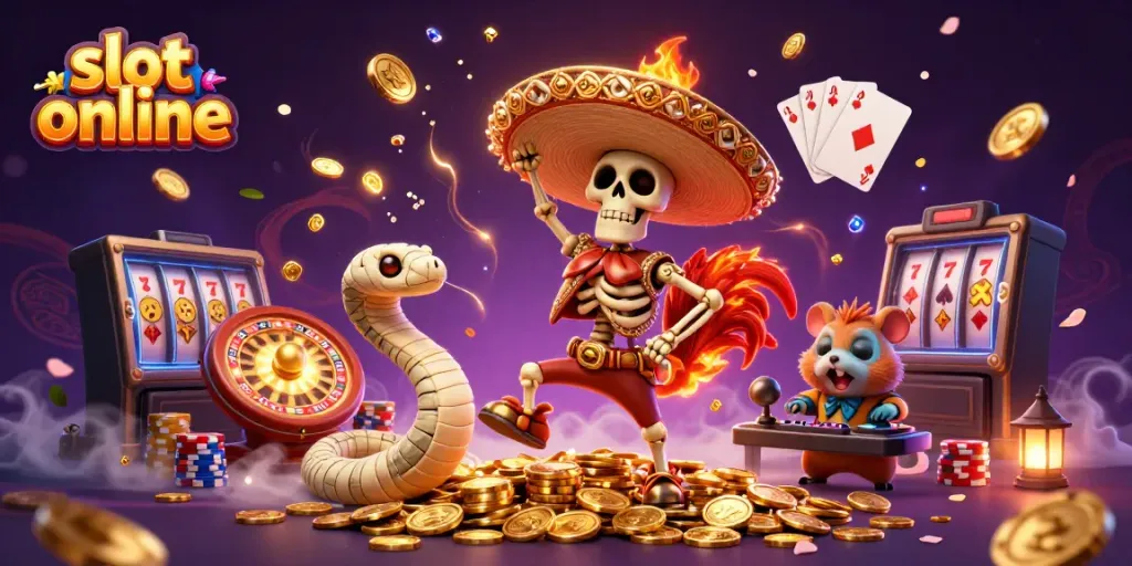 Menggairahkan slot online dengan skeleton rooster merayakan kemenangan di tumpukan koin emas.