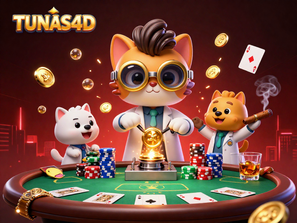 Experience the thrills of TUNAS4D with a 3D scene of a mad scientist cat and dog at a poker table.