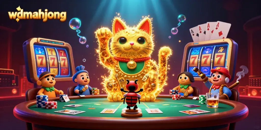 Experience the excitement of wdmahjong with a vibrant lucky cat formed by golden fireflies surrounded by casino elements.