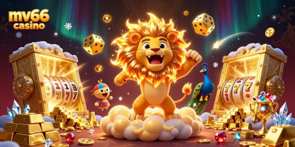 Experience the vibrant energy of mv66 casino through a dynamic 3D scene filled with golden treasures and excitement.