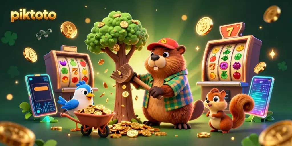 Piktoto online gaming illustration featuring cartoon characters collecting coins in a vibrant casino environment.