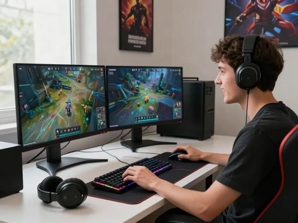 Pengguna aktif bermain game online di platform qqgobet dengan peralatan gaming modern.