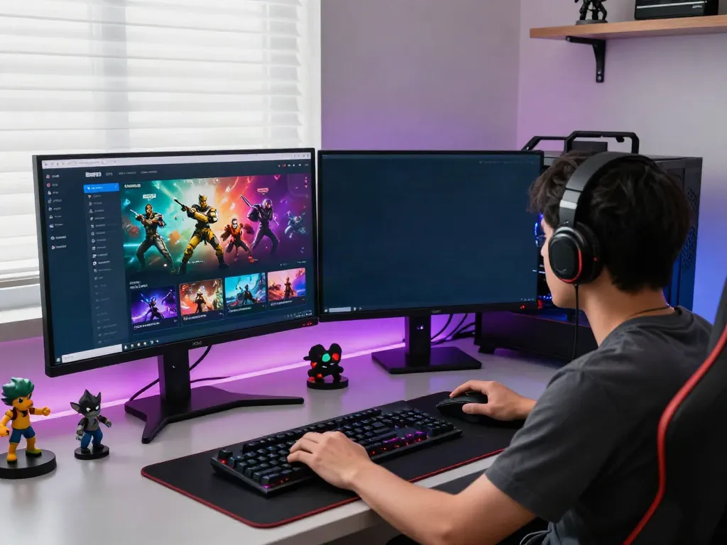 Pengguna BABE138 bermain game online di rumah dengan setup PC yang keren.