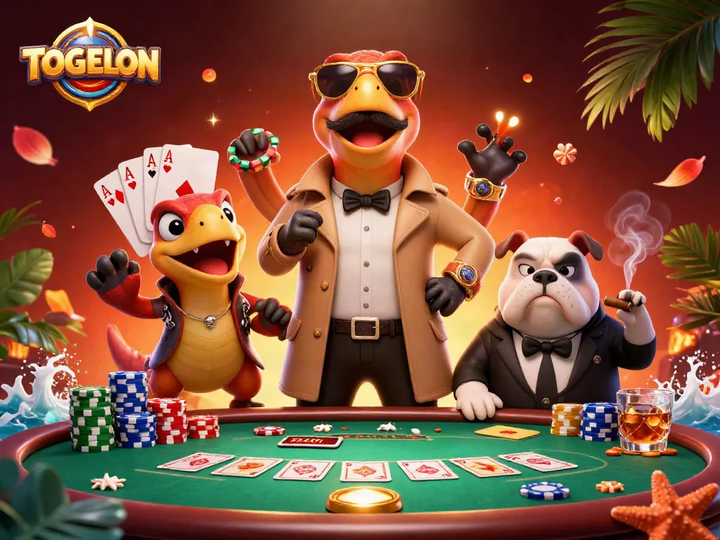 TOGELON raptors attempt to access a VIP casino lounge amidst vibrant poker elements and dynamic action.