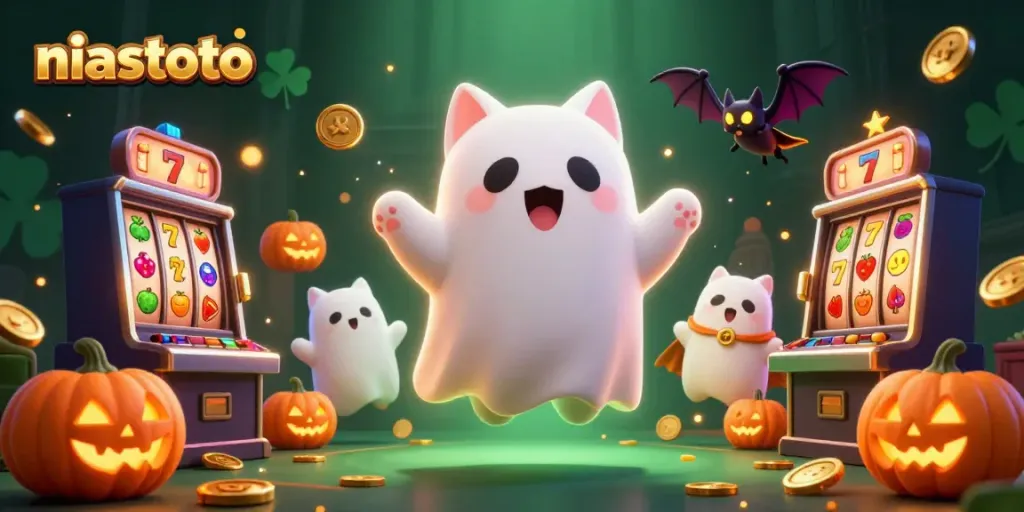 Experience niastoto with a ghost cat in a haunted casino, spinning slots, and glowing jackpots.