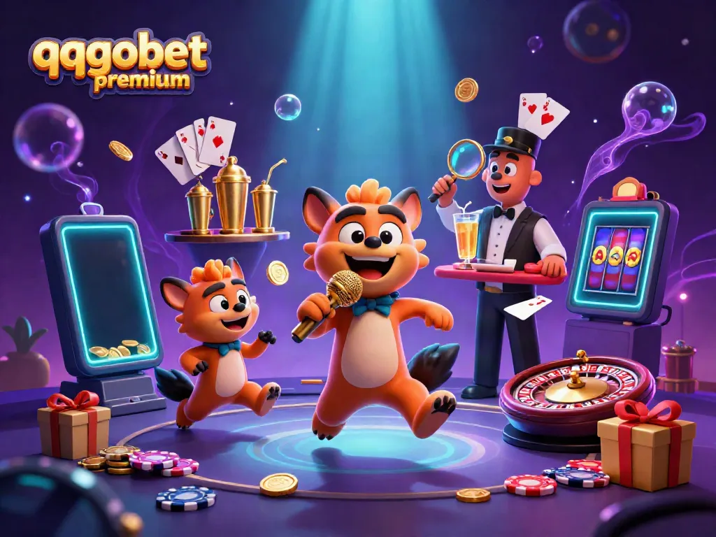Engaging illustration showcasing qqgobetpremium with hyena characters in a vibrant casino scene, featuring gaming elements and dynamic interactions.