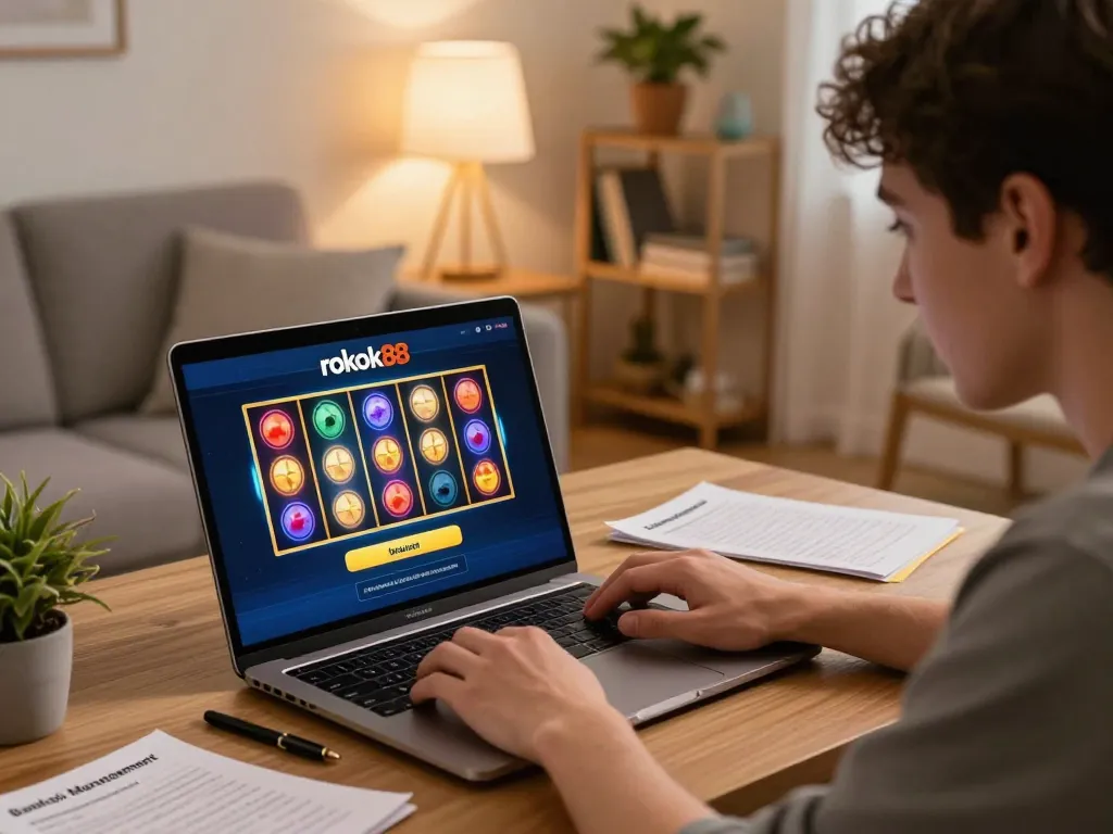 Engaging with rokok88 slot login on a laptop, showcasing vibrant slot interface at home game setup