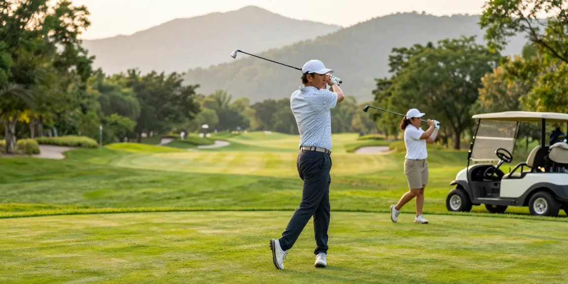Pemain golf melakukan swing di lapangan golf Kato City sambil mencari bro178 login dengan latar pemandangan indah.