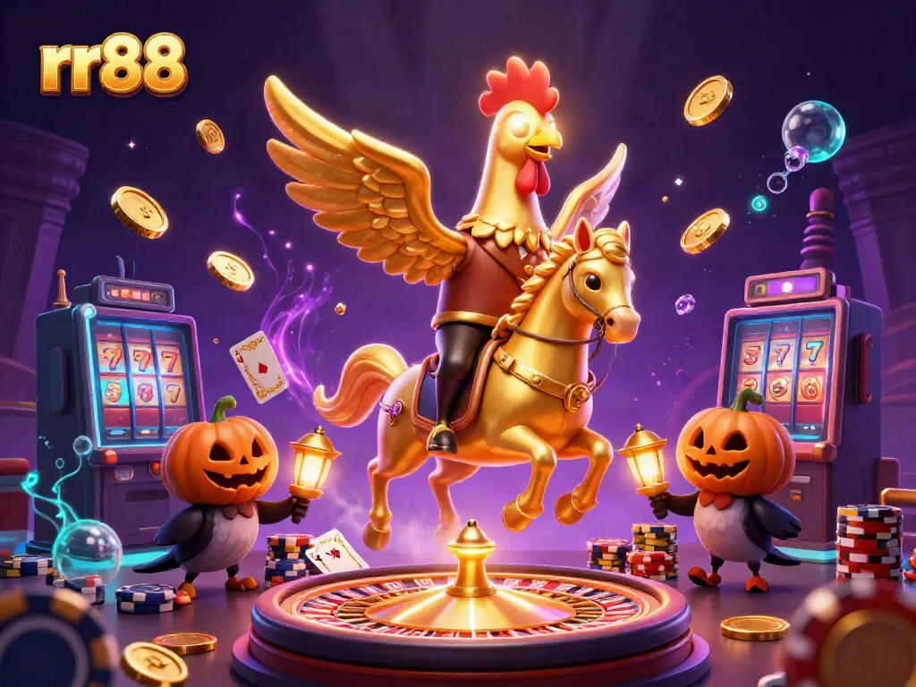 Experience thrilling gaming action with rr88 as golden rooster in a vibrant casino illustration.