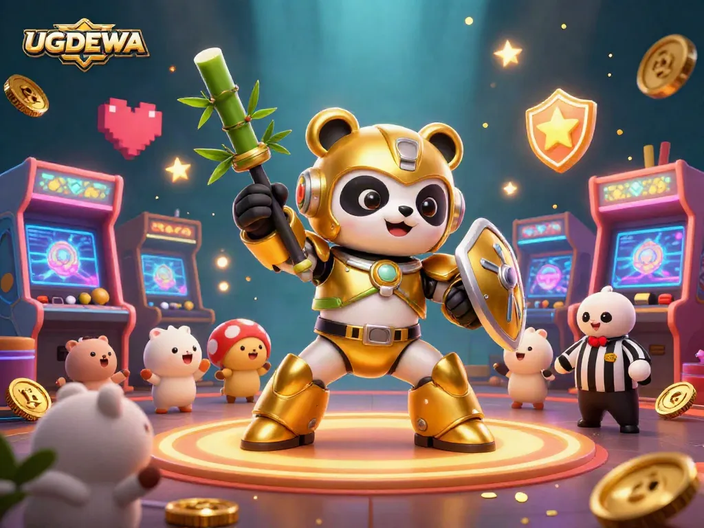 Experience the vibrant excitement of UGDEWA with a golden panda in an action-packed gaming arena.