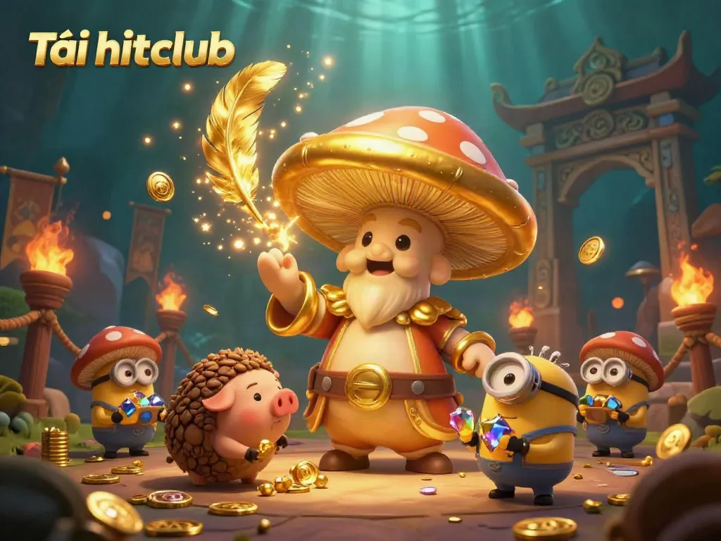 Play and win with Tải hitclub in this vibrant 3D casino scene featuring golden treasures and whimsical characters.