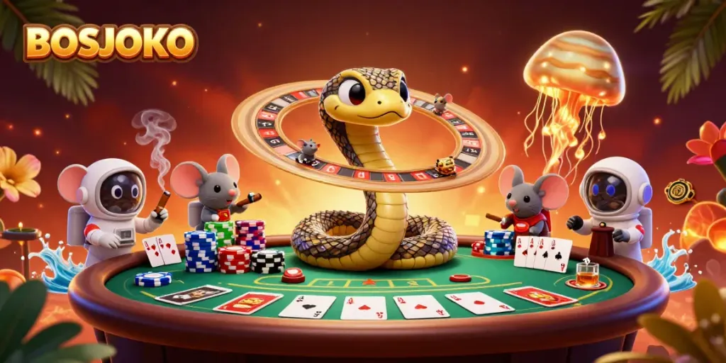 BOSJOKO showcases tiny astronaut mice betting on a roulette-inspired Saturn ring, surrounded by poker elements.