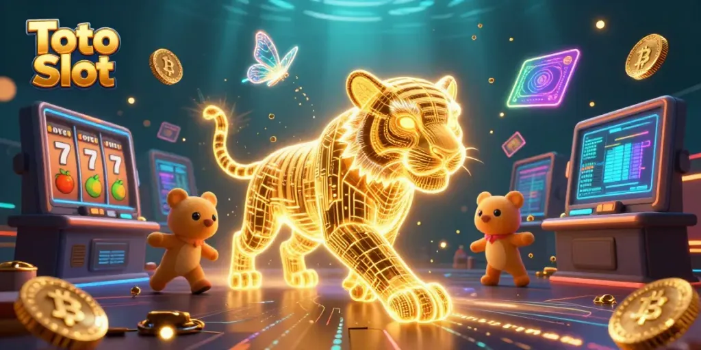 Slot Toto Slot dengan harimau energi cahaya, simbol jackpot dan koin BTC menyala.