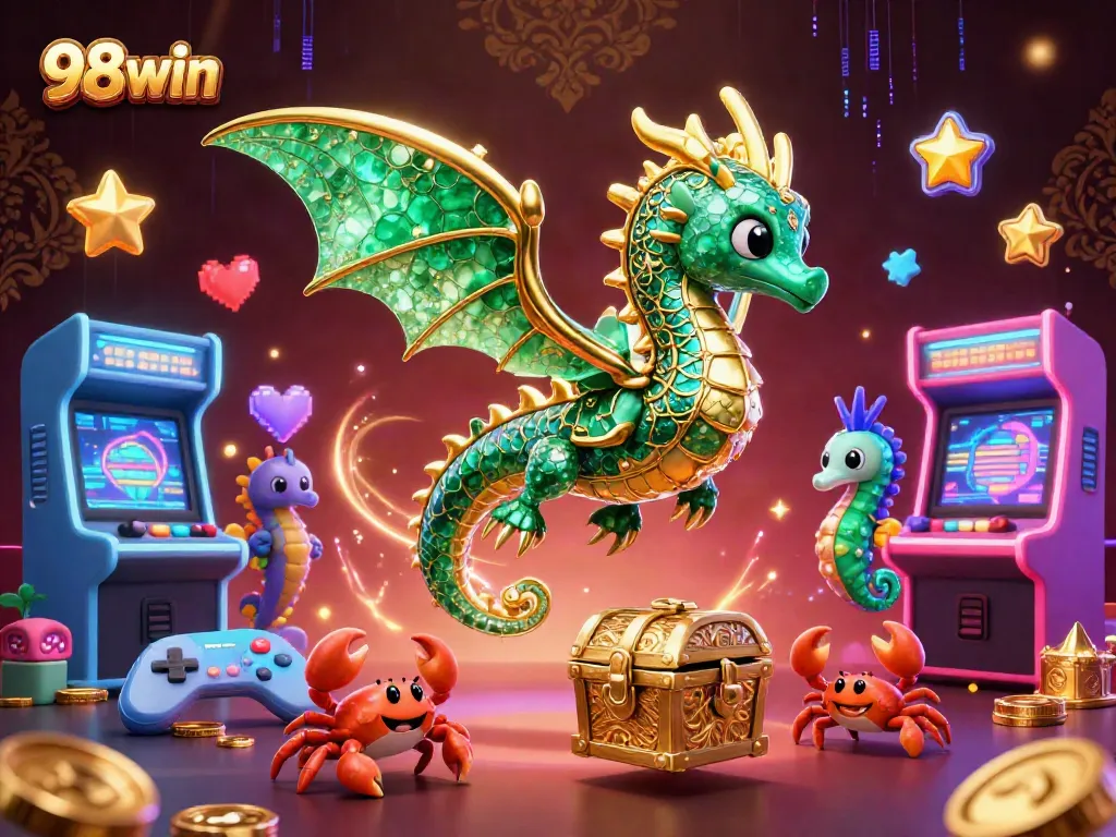 Engage with 98win's magical world of gaming featuring vibrant characters and casino elements.