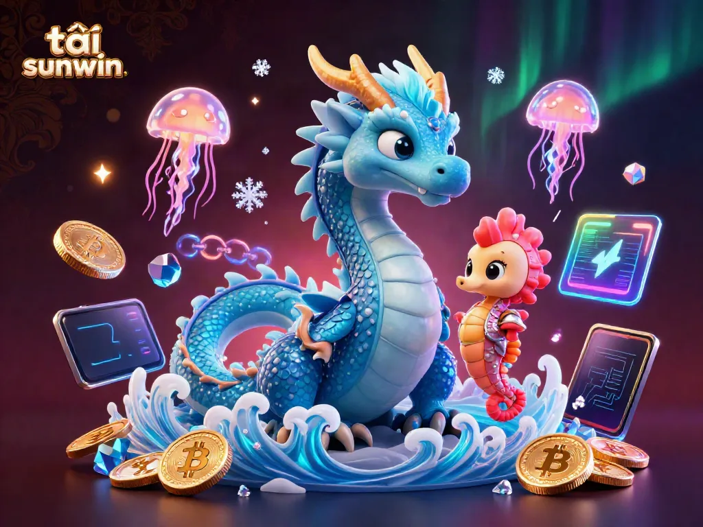 Play games and download tải sunwin with engaging visuals featuring an azure dragon, seahorse knight, and NFT elements.