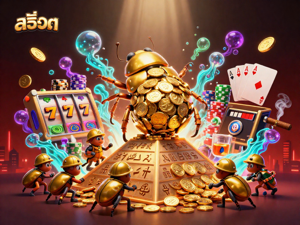 Engage with สล็อต themes as a golden dung beetle rolls coins with stunning casino symbols.