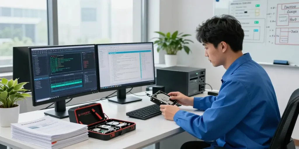 Technician performing jebol wd data recovery in a modern workspace, showcasing advanced tools and software.