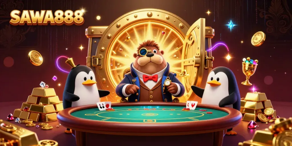 Experience the excitement of SAWA888 with a jolly walrus and friends at an underwater poker table bursting with jewels.
