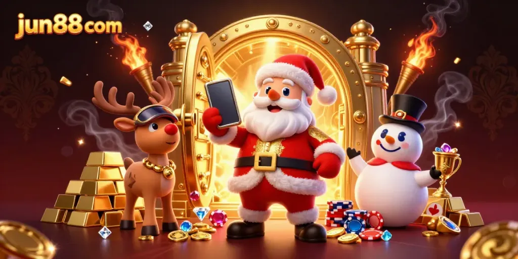 Experience thrilling wins at jun88 com with Santa, his reindeer, and a snowman amidst treasures.