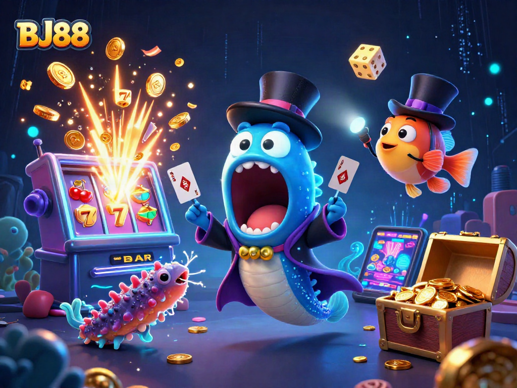 Experience exhilarating BJ88 gameplay featuring colorful slot machines and magical sea creatures in this vibrant casino scene.