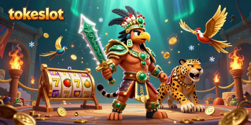 Experience thrilling slot adventures with tokeslot's hero Aztec warriors in a dynamic casino setting.
