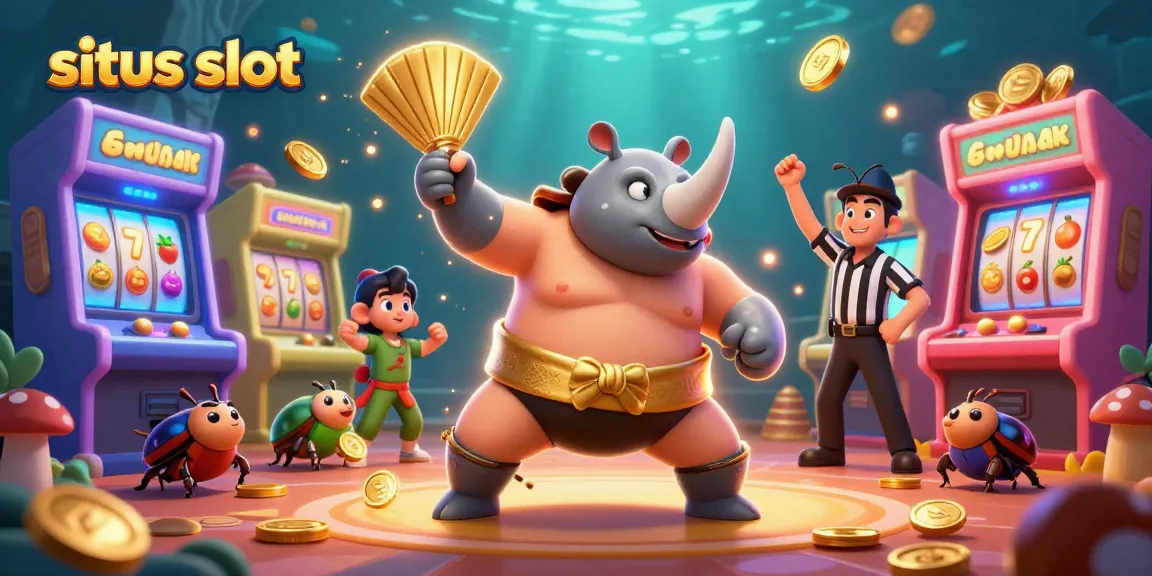Situs slot showcasing a dynamic scene with a rhinoceros beetle champion and colorful slot game elements.