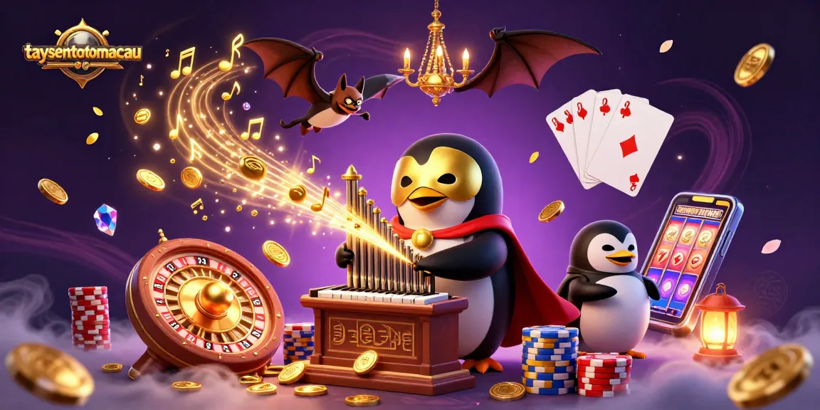 Permainan slot dan togel di taysentotomacau dengan uang emas berkilau dan simbol keberuntungan.