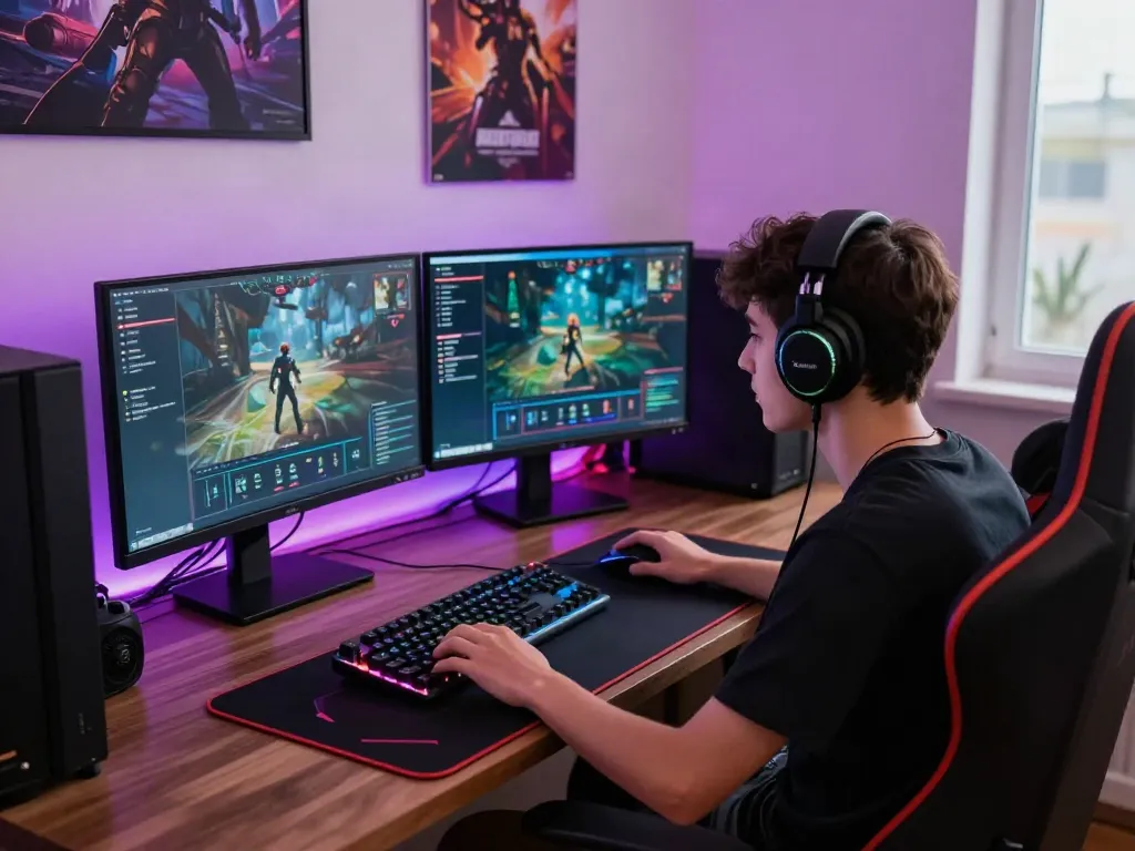 Bento4d alternatif gaming workspace with dual monitors, vibrant LED lights, and gaming peripherals.