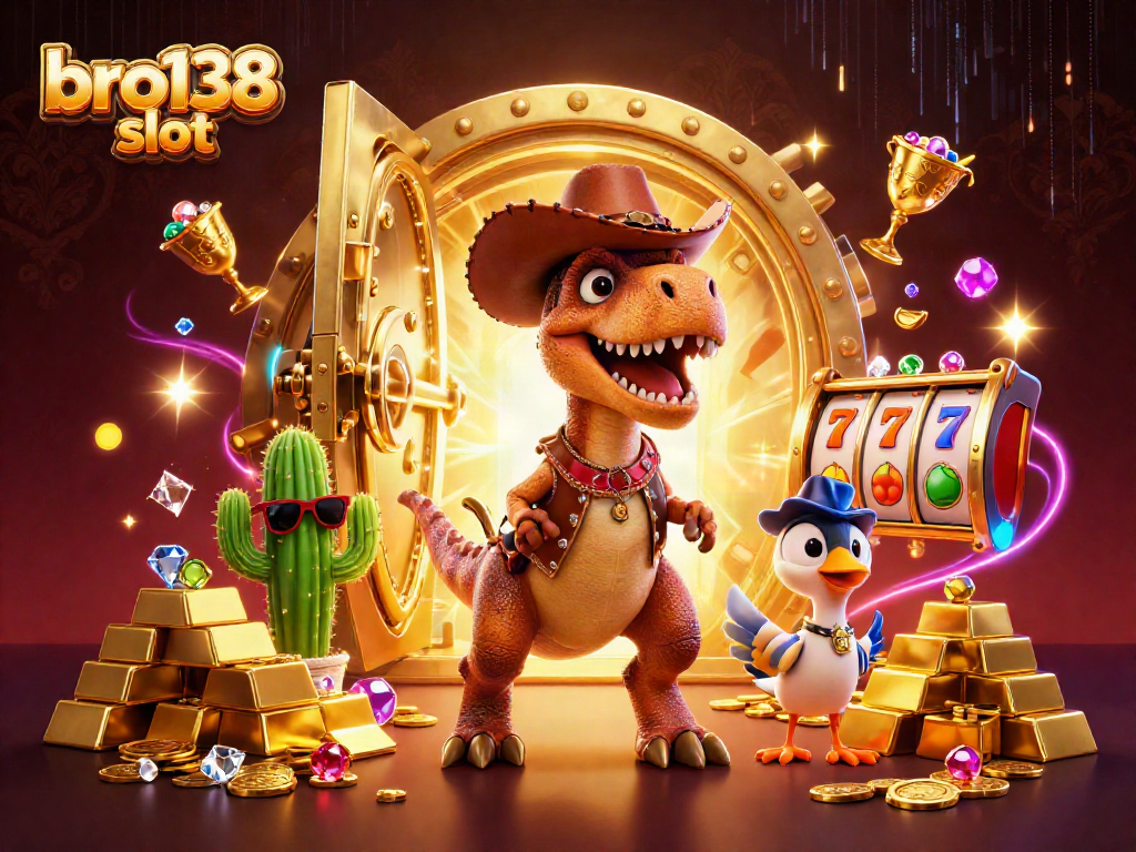 Engage with the bro138 slot featuring a vibrant 3D scene of colorful characters, treasure, and slot elements.