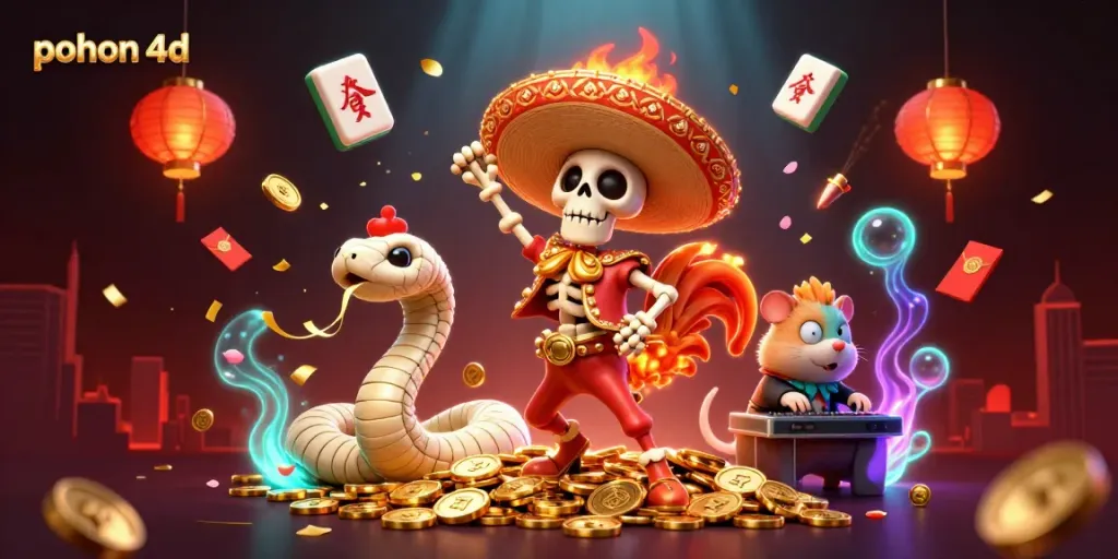 Engage in thrilling play at pohon 4d with lively characters celebrating victory amid festive gambling elements.