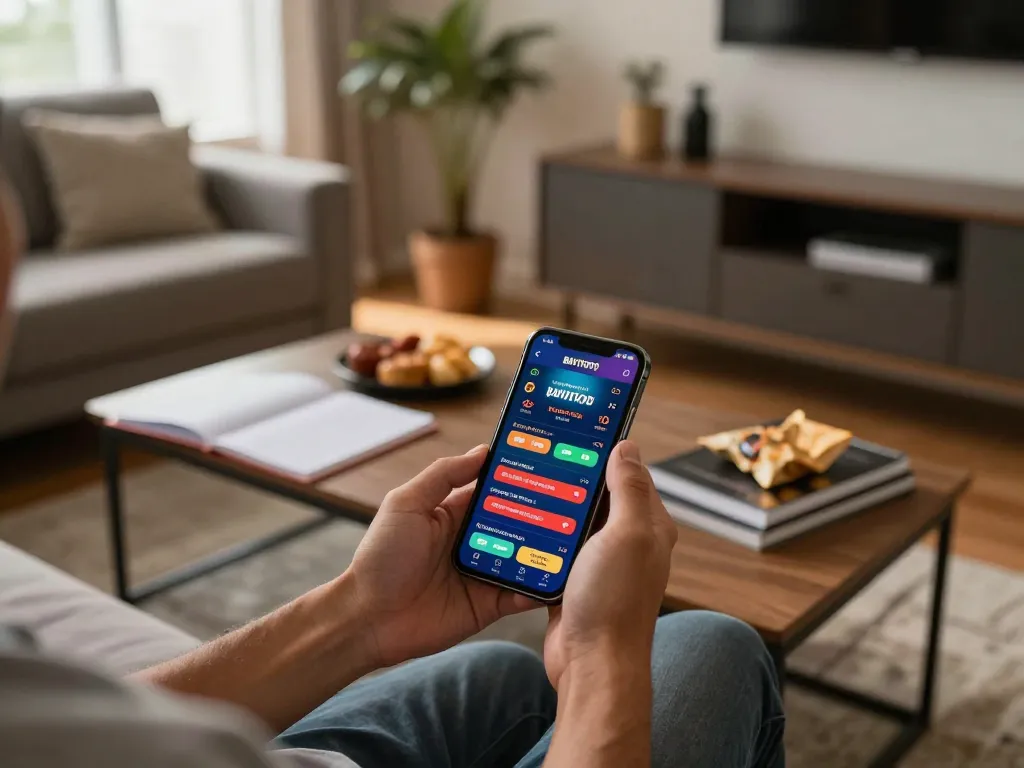 BAYITOTO player engaging in mobile betting with apps and strategy notes in a cozy home