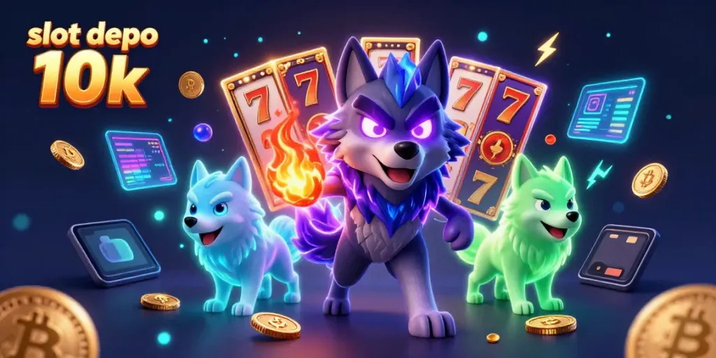 Slot depo 10k menampilkan pemimpin serigala bayangan dengan energi spektral dikelilingi simbol slot dan koin crypto.