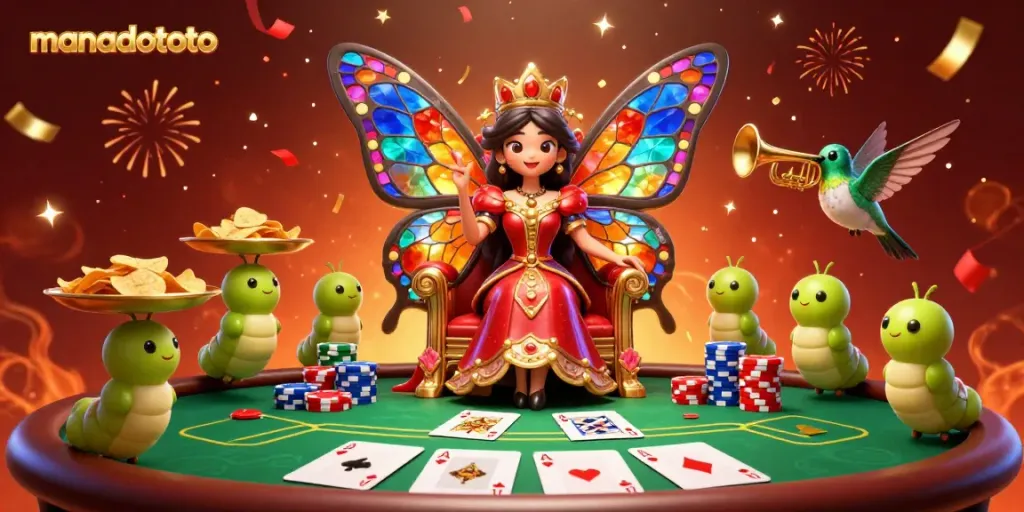 Experience thrilling action at manadototo with a vibrant casino scene featuring a butterfly queen and poker elements.