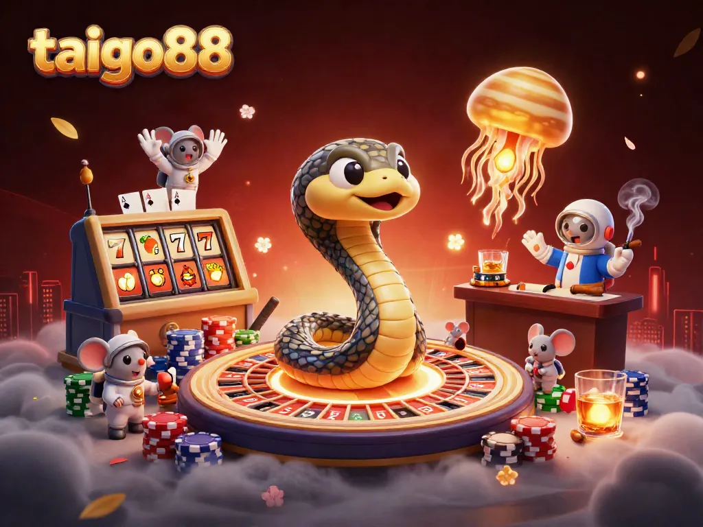Experience the excitement of taigo88 as mice bet on Saturn's roulette while a jellyfish dealer oversees the action.