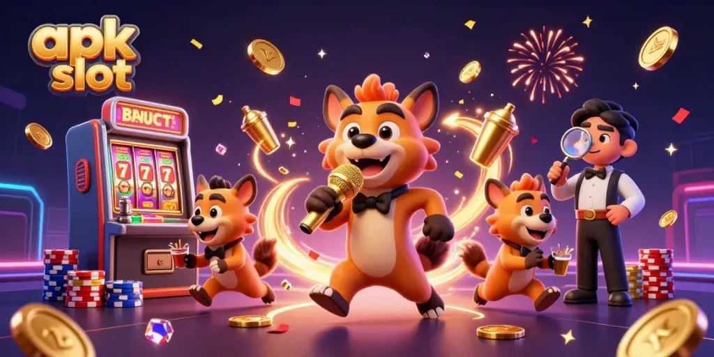 Menghadirkan pengalaman apk slot dengan hyena komedi di klub kasino menghibur, penuh koin emas dan grafis menarik.