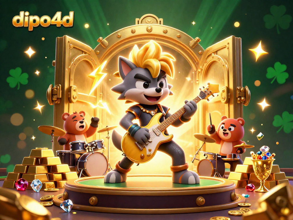 Experience dipo4d in a thrilling 3D casino scene with rock star characters and treasure elements.